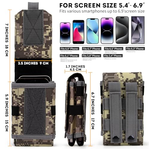 Dual Tactical Phone Pouch Molle Phone Holster Double Capacity Holder Universal Utility EDC Pouch for iPhone 17 Pro Max/17 Pro/16 Pro Max/16 Pro/15 Pro Max/15 - color: Gray Camo