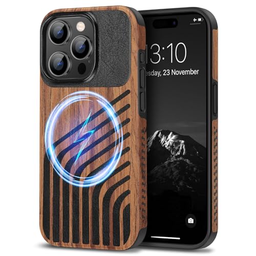 TENDLIN Magnetic Case Compatible with iPhone 15 Pro Case Wood Grain with Carbon Fiber Texture Design Leather Hybrid Slim Cover (Compatible with MagSafe) Hairline - color: Magnetic Hairline, size: iPhone 15 Pro