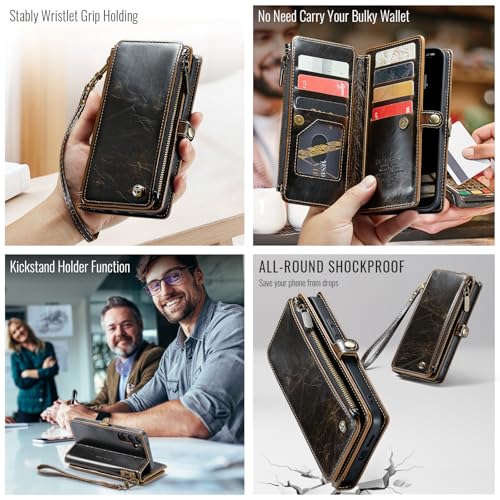 Defencase for Samsung Galaxy S26 Wallet Case with RFID Card Holder, Coffee | Durable Soft PU Leather, with Zipper Pocket, Wrist Strap, Fashion Snap Flip S26 Phone Cases Cover with Stand for Women Men - color: Coffee