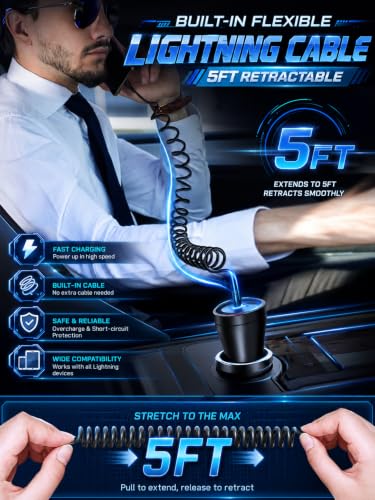 HUNDA Fast Car Charger 48W, Dual Port Super Fast Charging with PD3.0 & QC4.0, Car Accessories with Built-in 5ft Coiled Lightning Cable for iPhone 15-11 Series, iPad & More