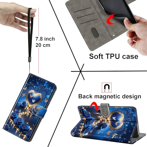 Case Wallet for Motorola Moto G Power 5G 2024, Blue Flower | Kickstand, 3 Card Holder, Shockproof TPU Interior Shell, PU Leather, Magnetic Flip Cover, Lanyard Strap - color: Pic:09