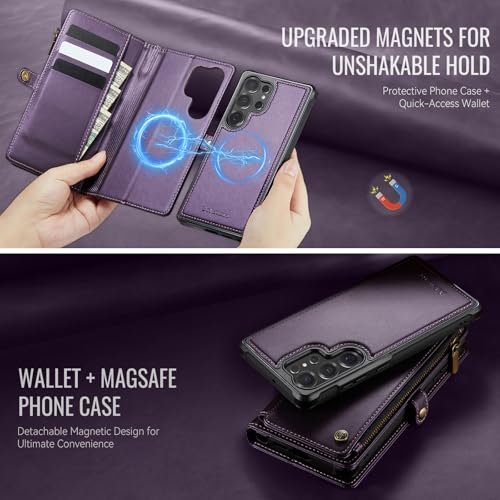Defencase for Galaxy S23 Ultra Case Wallet Compatible with Magsafe, Purple | Magnetic Detachable, RFID Bolcking Card Holder, Zipper Strap, PU Leather Drop-Proof Phone Cover for Samsung Galaxy S23 Ultra - color: (Detachable with Magsafe)-Purple