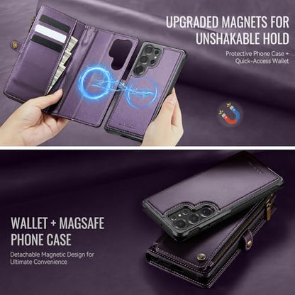 Defencase for Galaxy S23 Ultra Case Wallet Compatible with Magsafe, Purple | Magnetic Detachable, RFID Bolcking Card Holder, Zipper Strap, PU Leather Drop-Proof Phone Cover for Samsung Galaxy S23 Ultra - color: (Detachable with Magsafe)-Purple