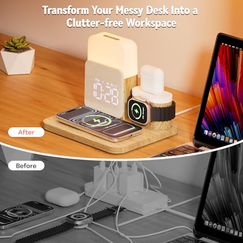 7 in 1 Clock with Charging Station, Charger with Alarm Clock Night Light - color: Wood