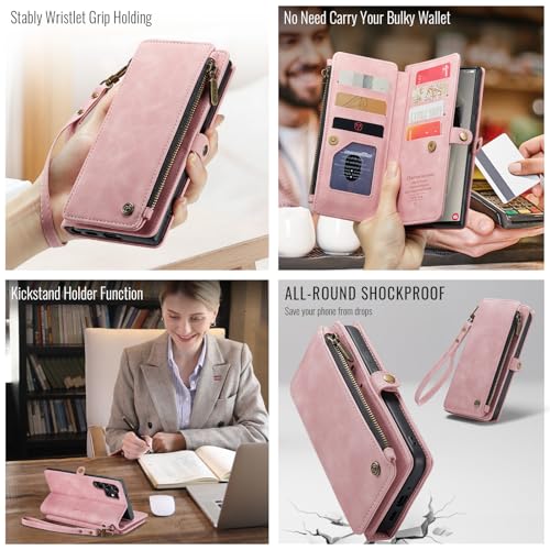 Defencase for Samsung Galaxy S23 Ultra Wallet Case with Card Holder, Pink | Durable PU Leather, with RFID Blocking Zipper Pocket, Wrist Strap, S23 Ultra Flip Phone Cases Cover with Stand for Women Men - color: Airy Rose Pink