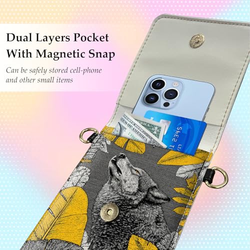 Small Crossbody Bags for Women Touchscreen Cell Phone Bag Cross Body Purses with adjustable Strap,Gifts For Teenage Girls - color: Tropical Leaf Wolf Silhouette
