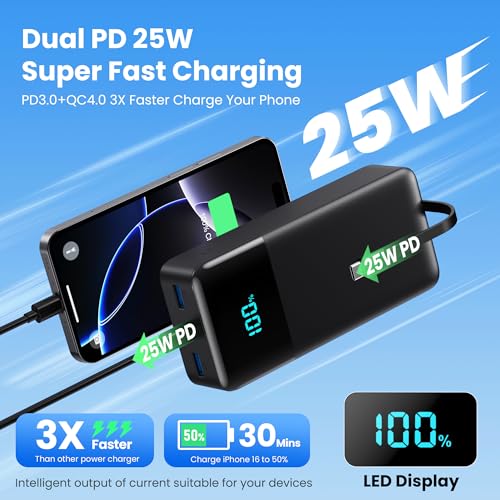 Portable Charger 50800mAh Power Bank with 3 Built in Cables,25W PD QC4.0 Fast Charging USB C Battery Pack,6 Outputs 2 Inputs Travel Essentials Portable Phone Charger for iPhone 18/17/16/15/Pro,Android - color: Black