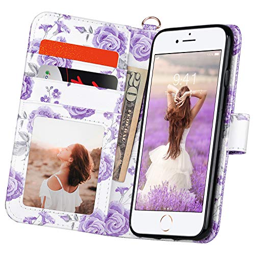 ULAK for iPhone SE 3(2022)/SE(2020)/8/7 Wallet Case Card Holder, Purple | Premium Floral PU Leather Flip Case with Kickstand Card Slots,RFID Blocking,Wrist Strap, Durable Shockproof Cover 4.7 Inch - color: Bling Purple