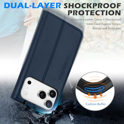SHIELDON Genuine Leather Wallet Case for iPhone 17 Pro Max 6.9", Navy Blue | Magnetic Closure, RFID Blocking, Credit Card Holder, Viewing Stand, Foldable Design, Shockproof Protective Cover - color: Navy Blue