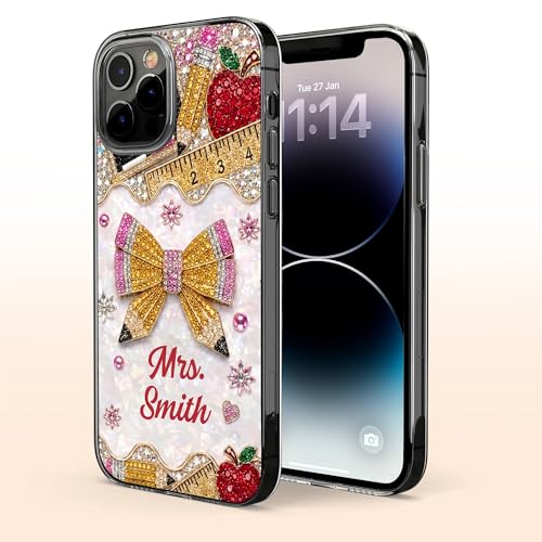 Mrs. Pencil Bow and Red Apple 3D Rhinestone - Personalized Clear Phone Case Teacher Appreciation Gift Tech Accessories