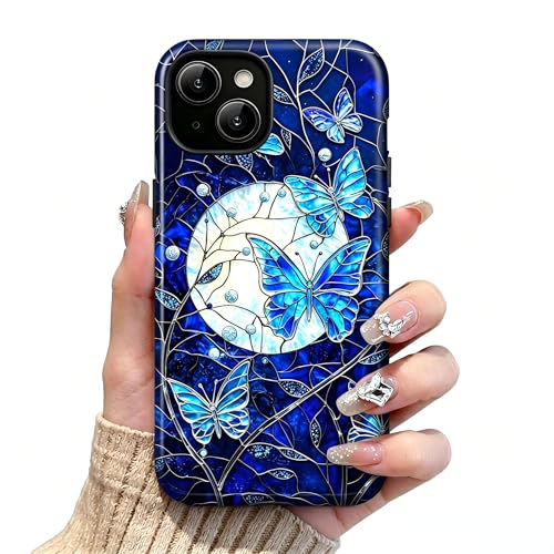 for iPhone 15 Case,Dreamy Blue Butterfly Moon Pattern for Boy Men Girls Women,Camera Scratch Protection,Shockproof TPU Hard PC Protective Phone Cover. - color: Dreamy Blue Butterfly Moon, size: for iPhone 15