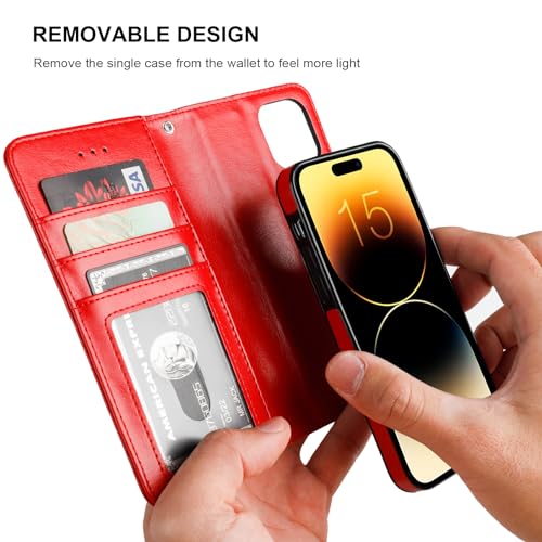 Bocasal Detachable Wallet Case Card Holder for iPhone 15, Red | RFID Blocking Kickstand Card Slots Holder PU Leather Magnetic Shockproof Wrist Strap Removable Flip Protective Cover 6.1 inch - color: Red