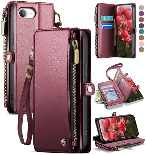 Defencase for iPhone 17E & 16E Wallet Phone Case with Card Holder, Wine Red | Durable Soft PU Leather, with RFID Blocking Zipper Pocket, Strap, Magnetic Snap Flip Cases Cover with Stand for Women Men - color: Wine Red