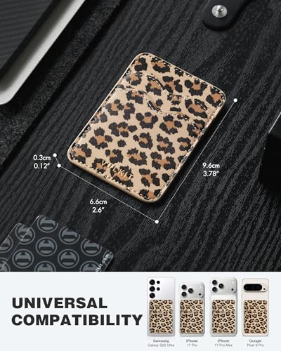 VULKIT Stick on Card Holder Compatible for iphone Leather Cell Phone Wallet Credit Card Case Strong Sticker for Women - color: Leopard Chic