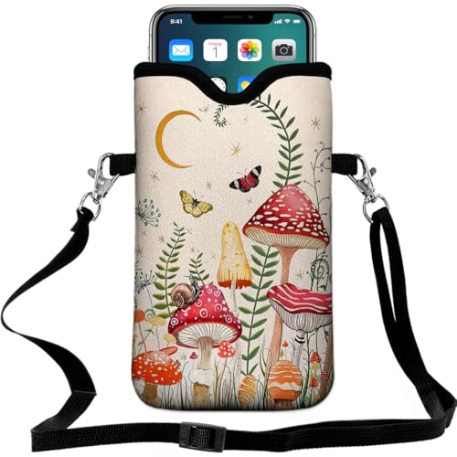 Neoprene Cell Phone Pouch 7.5 X 4.3 in Cloth Mobile Protection Case Bag with Crossbody Strap Neck Lanyard Cell Phone Case Mushroom Colorful Butterfly Moon - color: Mushroom Colorful Butterfly Moon
