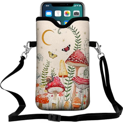 Neoprene Cell Phone Pouch 7.5 X 4.3 in Cloth Mobile Protection Case Bag with Crossbody Strap Neck Lanyard Cell Phone Case Mushroom Colorful Butterfly Moon - color: Mushroom Colorful Butterfly Moon