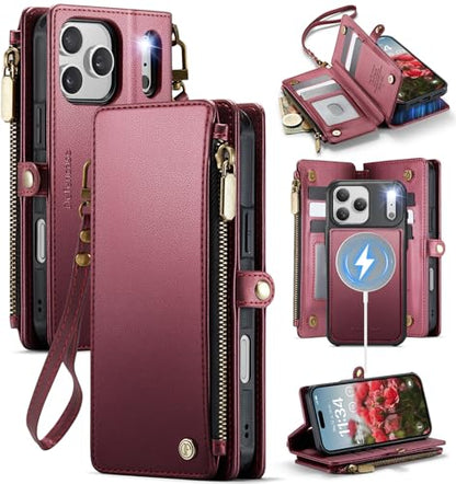 Defencase for iPhone 17 Pro Max Case Wallet Compatible with Magsafe, W-Red | Drop-Proof Magnetic Detachable Phone Cases Cover, with RFID Bolcking Card Holder, Zipper Strap, PU Leather, Removable Wallet - color: (Detachable with Magsafe)-Wine Red