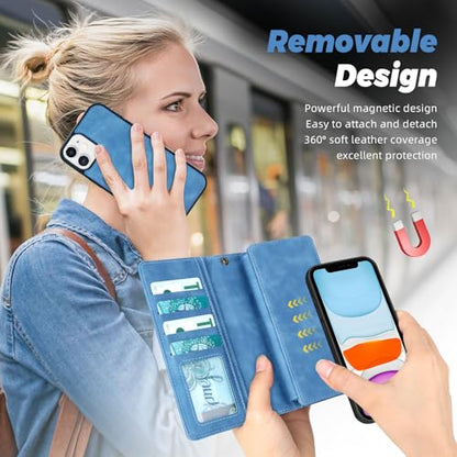 TwoHead for iPhone 11 Wallet case with 11 Card Holder (Sky Blue) | Detachable Magnetic Phone Case, PU Leather Wallet for Women/Men,Wireless Charging Compatible,with Wrist Strap - color: Sky Blue