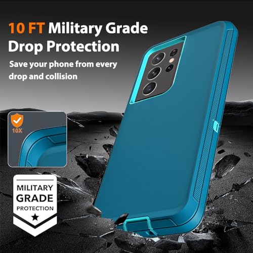 for Samsung Galaxy S21 Ultra Case with 2Pcs Self Healing Flexible TPU Screen Protector & Camera Lens Protector, 3 in 1 Heavy Duty Shockproof/Drop Proof/Dust Proof Case (Blue/Turquoise) - color: Blue/Turquoise