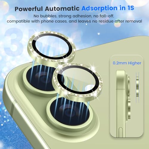 imluckies Glitter Camera Lens Protector for iPhone 17 6.3", [AR+AF] HD Clear Tempered Glass Lens Cover, 9H Scratch Resistant Individual Metal Shiny Ring, Case Friendly & Easy Install, Bling Green - color: Bling Green