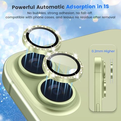 imluckies Glitter Camera Lens Protector for iPhone 17 6.3", [AR+AF] HD Clear Tempered Glass Lens Cover, 9H Scratch Resistant Individual Metal Shiny Ring, Case Friendly & Easy Install, Bling Green - color: Bling Green