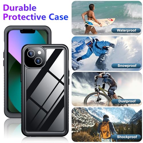 Compatible with iPhone 13 Case Waterproof, Built-in Screen & Camera Protector IP68 Underwater Full Body 13FT Military Dropproof Shockproof Phone Case 6.1"-Black/Clear - color: Black, size: iPhone 13