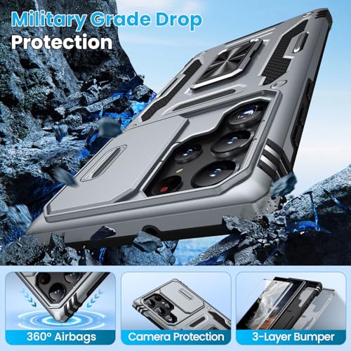 for Samsung Galaxy S22 Ultra Case with 2 PCS HD Screen Protector, Military Grade Protection Metal 360 ° Rotating Ring Kickstand Slide Camera Cover, Shockproof for Galaxy S22 Ultra Case, Gray | 2 PCS HD Screen Protector, Magnetic Metal 360 ° Rotating Kicks
