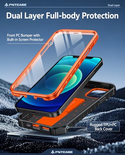 FNTCASE for iPhone 12 Phone Case: for iPhone 12 Pro Phone Case Military Grade Drop Proof Rugged Protective Cover with Kickstand | Matte Textured Shockproof TPU Hybrid Bumper Cases 6.1 inch - Orange | 20FT Military-Grade Drop Protection, Anti-Slip Matte Te