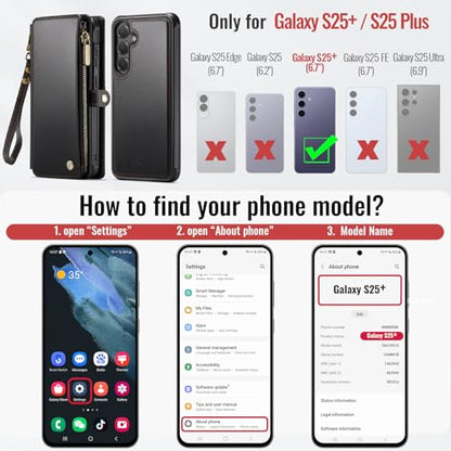 Defencase for Galaxy S25 Plus Case Wallet Compatible with Magsafe, Black | Magnetic Detachable, RFID Bolcking Card Holder, Zipper Strap, PU Leather Drop-Proof Phone Cover for Samsung Galaxy S25+/Plus - color: (Detachable with Magsafe)-Black