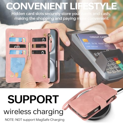 RANYOK Compatible with iPhone 16 Case Wallet - PU Leather Wallet Case for iPhone 16 with Credit Card Holder RFID Blocking Zipper Pocket with Wrist Strap Flip Folio Protective Case (Pink) - color: Pink, size: iPhone 16, 6.1"