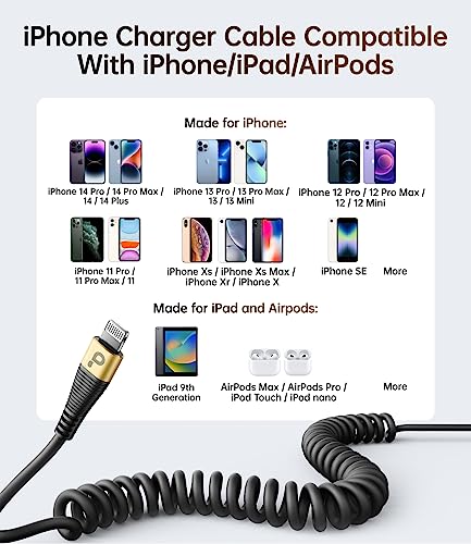 Short iPhone Charger Cable for Car, 2 Pack 3FT Coiled Lightning Cable - color: Gold, style: USB A to Lightning