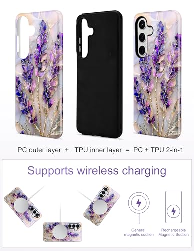 Magnetic Flower Case for Samsung Galaxy A16 5G, Purple | Compatible with MagSafe, Cute Aesthetic Stained Glass Floral, TPU and PC Protective Phone Cover for Women Girls - color: Purple Lavender