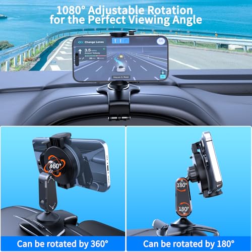 Universal 360° Rotating Dashboard Phone Holder for Car - Spring Clip Car Phone Mount, No Adhesive No Tools, Multi-Angle Adjustable Clip-On Holder for 4-7 inches Smartphones (Black)