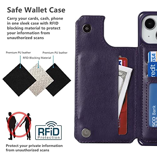 iCoverCase Compatible with iPhone 14 Wallet Phone Case with Card Holder for Women, RFID Blocking Embossed PU Leather Wrist Strap Case 6.1 Inch (Macaron Dark Purple) - color: P-Dark Purple