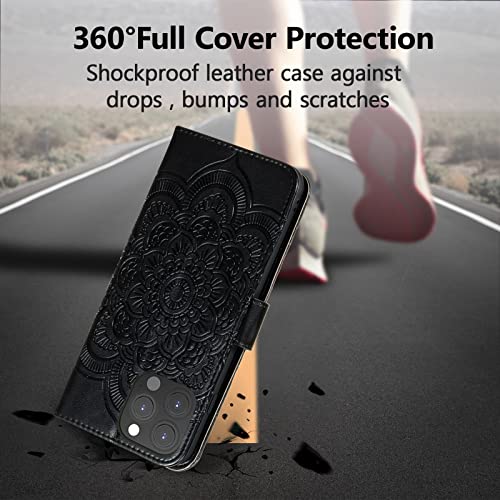 EYZUTAK Case for iPhone 13 Pro, Premium PU Leather Magnetic Flip Wallet Case with Card Holder Cash Slot Lanyard Strap Kickstand Function Embossed Mandala Flower Pattern Shockproof Cover - Black - color: Black, size: iPhone 13 Pro
