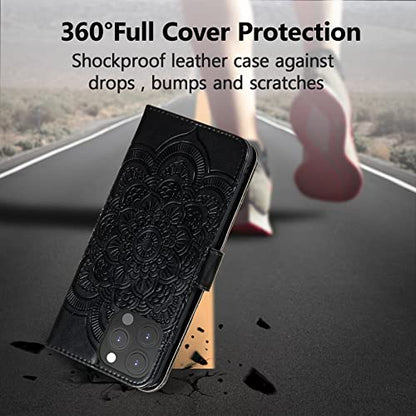 EYZUTAK Case for iPhone 13 Pro, Premium PU Leather Magnetic Flip Wallet Case with Card Holder Cash Slot Lanyard Strap Kickstand Function Embossed Mandala Flower Pattern Shockproof Cover - Black - color: Black, size: iPhone 13 Pro