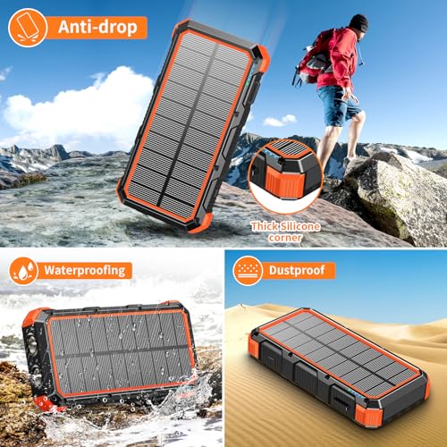 Solar Charger Power Bank 20000mAh Wireless Charger QC 3.0 Fast Charging Power Bank 8 Outputs 4 Inputs Solar Portable Charger Compatible with All Mobile Devices,SOS/Strobe/Strong Flashlights (orange)