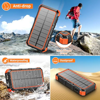 Solar Charger Power Bank 20000mAh Wireless Charger QC 3.0 Fast Charging Power Bank 8 Outputs 4 Inputs Solar Portable Charger Compatible with All Mobile Devices,SOS/Strobe/Strong Flashlights (orange)