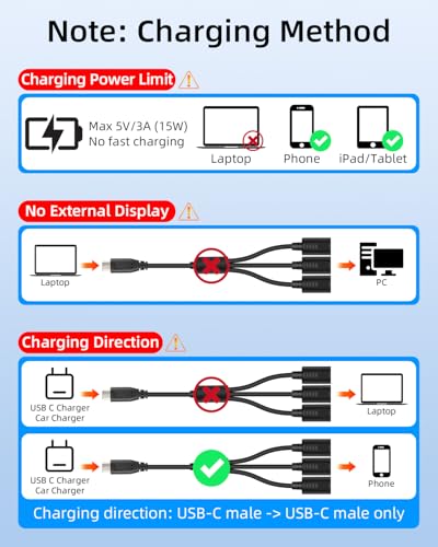 USB C Multi Charging Cable 30cm, 5V/3A USB C Splitter 1 in 3 Out, Type C Splitter Cable Male to 3 Female, Supports Data Sync & Charging for Phones, Tablets, Cameras, Power Banks (2Pack) - style: Type-C male to 3 Type-C female 30cm