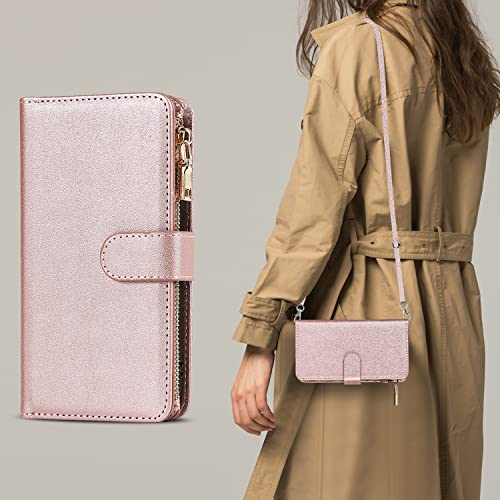 iCoverCase for Samsung Galaxy S23 Wallet Case with Card Holder, Kickstand Feature PU Leather Case with Adjustable Crossbody Lanyard Magnetic Clasp Zipper Pocket Flip Cover (Rose Gold) - color: Rose Gold, size: Galaxy S23