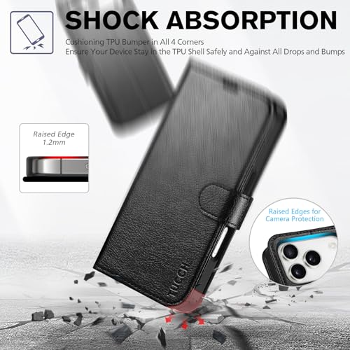 TUCCH Case Wallet for iPhone 17 Pro, RFID Blocking Folio, Textured Black | 4 Card Holders, Kickstand, PU Leather, Magnetic Closure, Shockproof TPU Shell, Protective Flip Cover - color: Textured Black