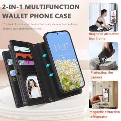 for Samsumg Galaxy S25 Wallet Case, Detachable Magnetic Shockproof Phone Case,Faux Leather Crossbody Wallet,with RFID Blocking，Zipper Card Holder，Shoulder Strap (Black) - color: Black, size: Samsumg Galaxy S25
