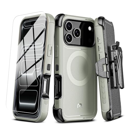 M MYBAT PRO for iPhone 17 Pro Case with Belt Clip Holster,[Compatible with Magsafe] w/Screen Protector,Anti-Drop,Shockproof,w 360°Rotating Kickstand,Heavy Duty Protection (Natural Titanium) - color: Natural Titanium