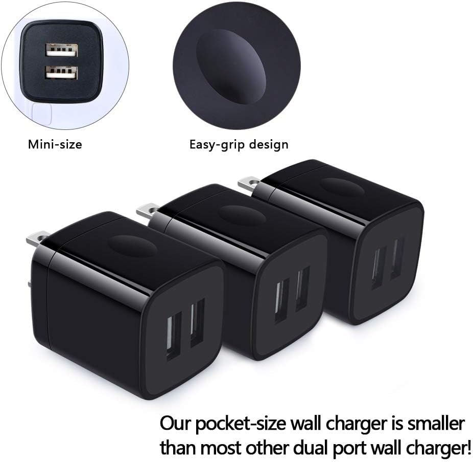 Wall Charger,Charger Cube,Charging Block Fast Charge 3Pack Dual Port 2.1A - color: Full Black