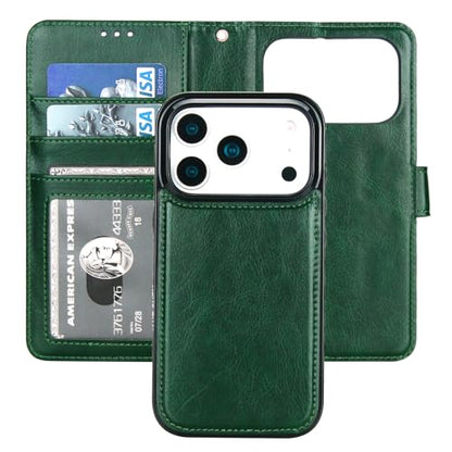 Bocasal Detachable Wallet Case Card Holder for iPhone 17 Pro, Green | RFID Blocking Kickstand Card Slots Holder PU Leather Magnetic Shockproof Wrist Strap Removable Flip Protective Cover 6.3 inch - color: Green