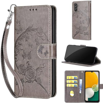 Wallet Case for Samsung Galaxy A54 5G, Gray Flower | Women Flip Folio Cover, Embossed PU Leather, Stand, Credit Card Holders Slots, Wrist Strap - color: 6