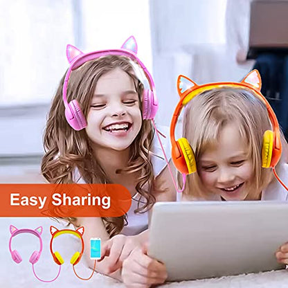 Olyre Kids Wired Headphones, LED Cat Ears, Share Port, Mic, Volume Limited - color: Orange