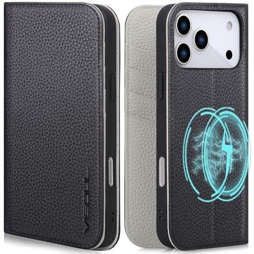 VISOUL Pebbled Leather Wallet Case for iPhone 17 Pro Max 6.9" 2025, Genuine Leather Flip Folio Cover with RFID Blocking Card Holders, Kickstand, Soft TPU Protective Flip Cover -Black+Gray - color: Black+Gray