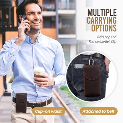 Top Grain Leather Cell Phone Holster Belt Pouch with Belt Clip Loop - color: Coffee