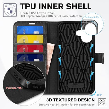 TUCCH Wallet Case for iPhone 16 (6.1") 2024, 4 Card Holders, Black | RFID Blocking, Viewing Stand, Shockproof TPU Shell, PU Leather, Magnetic Closure, Protective Folio Flip Cover - color: Black